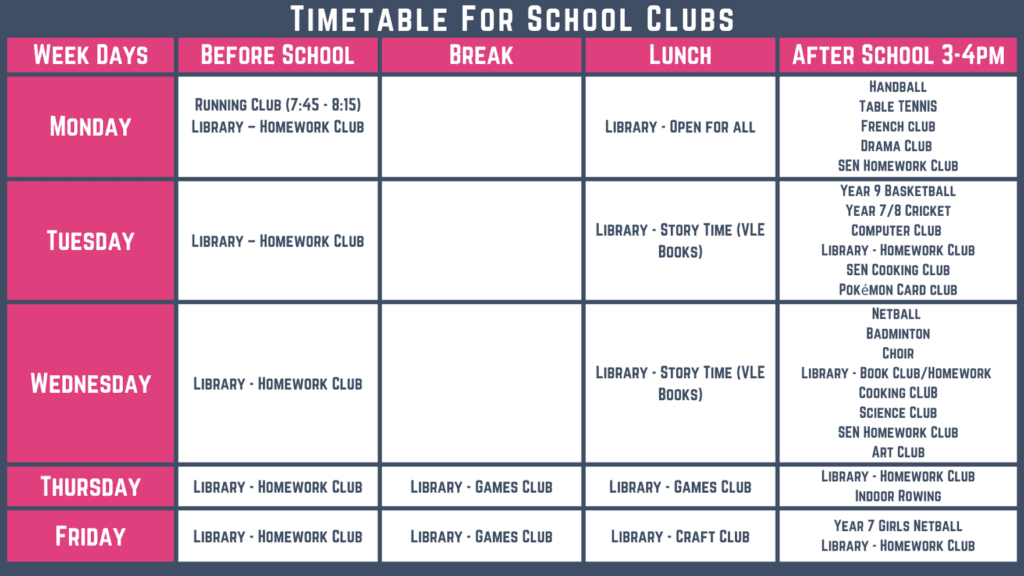 School Club Timetable 23