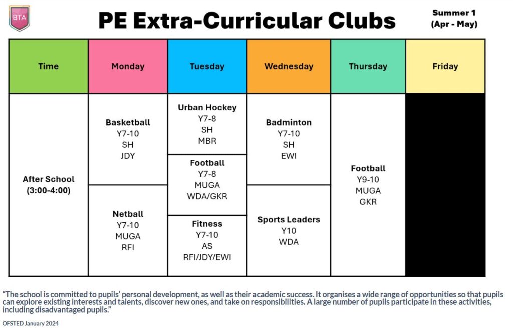 PE Extra-Curricular Time Table