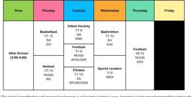 PE Extra-Curricular Time Table