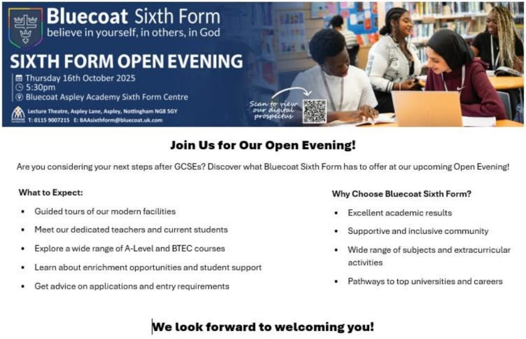 Bluecoat Sixth Form Open Evening - 16th October 2025
